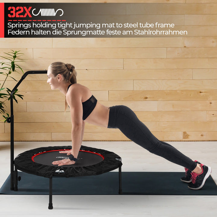 Fitness Trampolin - 101 cm, højdejusterbart håndtag, op til 150 kg, foldbar, sort/rød