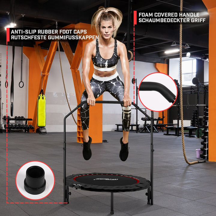 Fitness Trampolin - 101 cm, højdejusterbart håndtag, op til 150 kg, foldbar, sort/rød