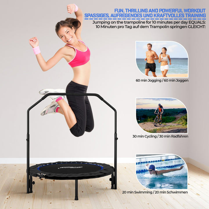 Fitness Trampolin - 101 cm, højdejusterbart håndtag, op til 150 kg, foldbar