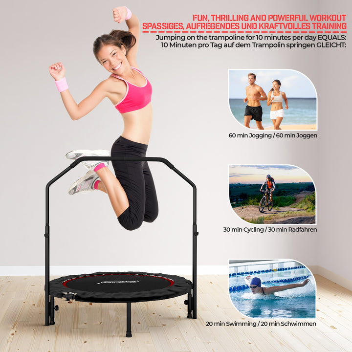 Fitness Trampolin - 101 cm, højdejusterbart håndtag, op til 150 kg, foldbar, sort/rød