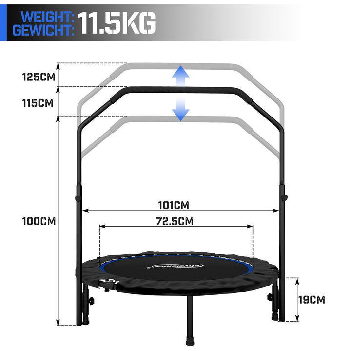 Fitness Trampolin - 101 cm, højdejusterbart håndtag, op til 150 kg, foldbar