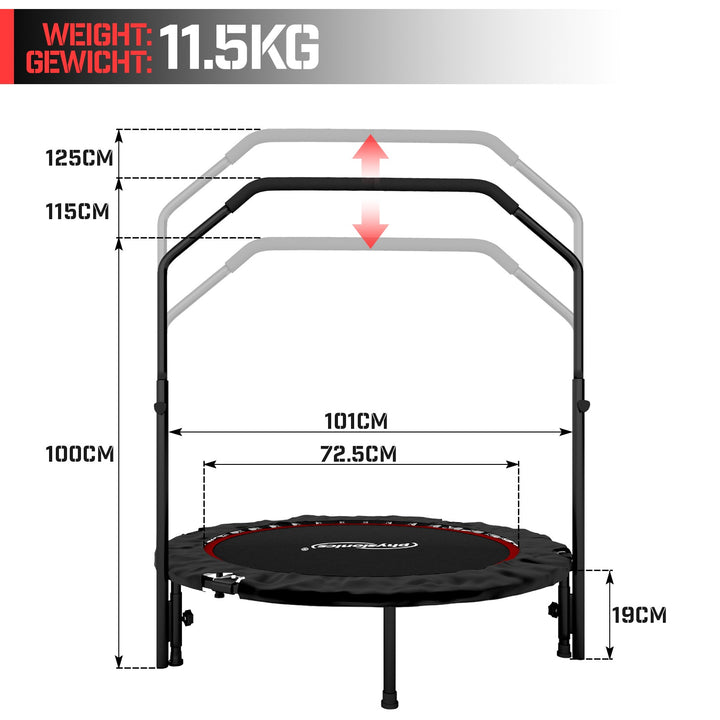 Fitness Trampolin - 101 cm, højdejusterbart håndtag, op til 150 kg, foldbar, sort/rød
