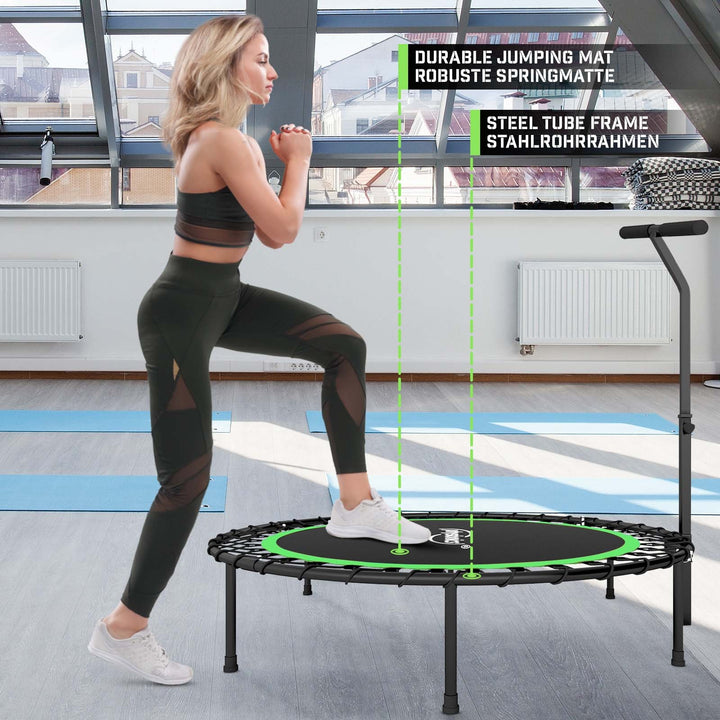 Fitness Trampolin - 101 cm, højdejusterbart håndtag, op til 120 kg, foldbar, sort/grøn