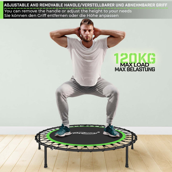 Fitness Trampolin - 101 cm, højdejusterbart håndtag, op til 120 kg, foldbar, sort/grøn