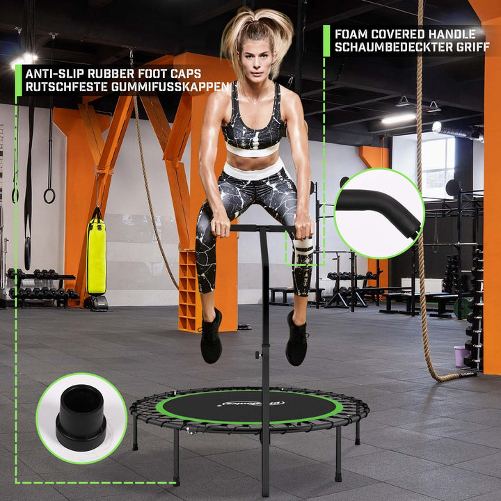 Fitness Trampolin - 101 cm, højdejusterbart håndtag, op til 120 kg, foldbar, sort/grøn
