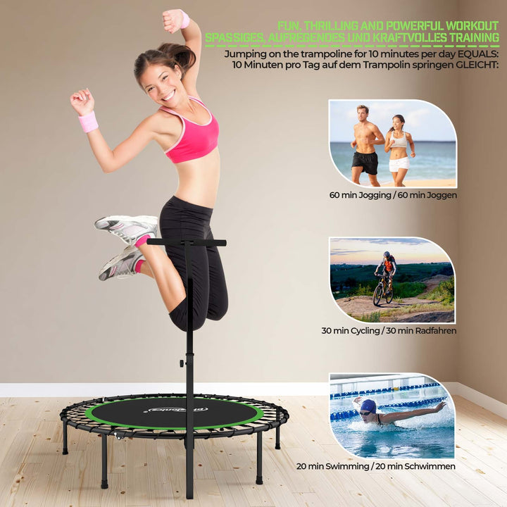 Fitness Trampolin - 101 cm, højdejusterbart håndtag, op til 120 kg, foldbar, sort/grøn