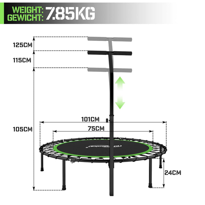 Fitness Trampolin - 101 cm, højdejusterbart håndtag, op til 120 kg, foldbar, sort/grøn