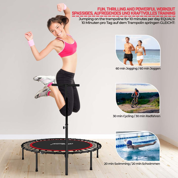 Fitness Trampolin - Ø 101 cm, højdejusterbart håndtag, op til 120 kg, sort/rød