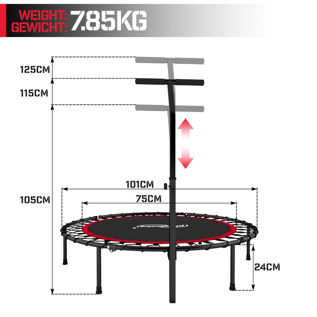 Fitness Trampolin - Ø 101 cm, højdejusterbart håndtag, op til 120 kg, sort/rød