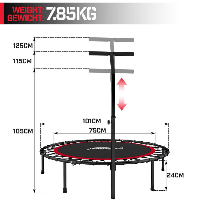 Fitness Trampolin - Ø 101 cm, højdejusterbart håndtag, op til 120 kg, sort/rød