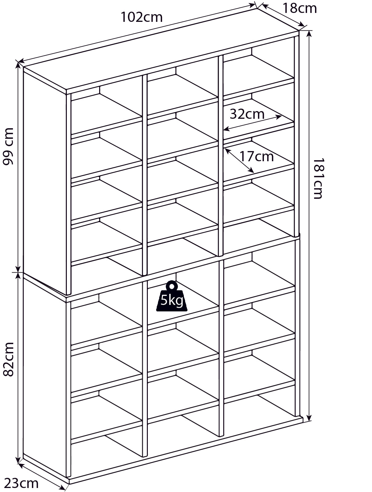 Stor reol, 27 rum, plads til 1080 cd'er, 183 x 102 x 23 cm, hvid