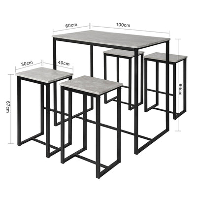Sæt med højt bord og 4 stole - barbord i træ og metal, betongrå