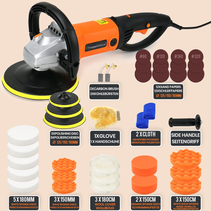 Polermaskine 1400W + 24-delt tilbehørssæt - polerskiver: 125/150/180 mm, 3000 o/min