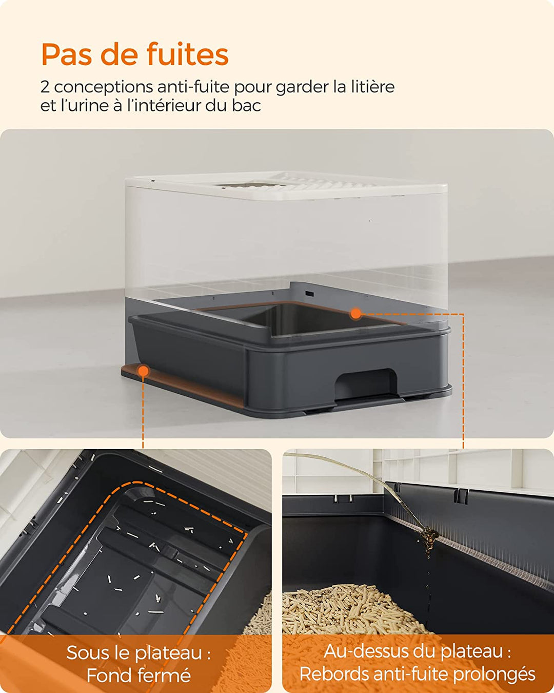 Kattebakke, toilethus, aftagelig bakke, skovl, børste, til store katte, beige og sort