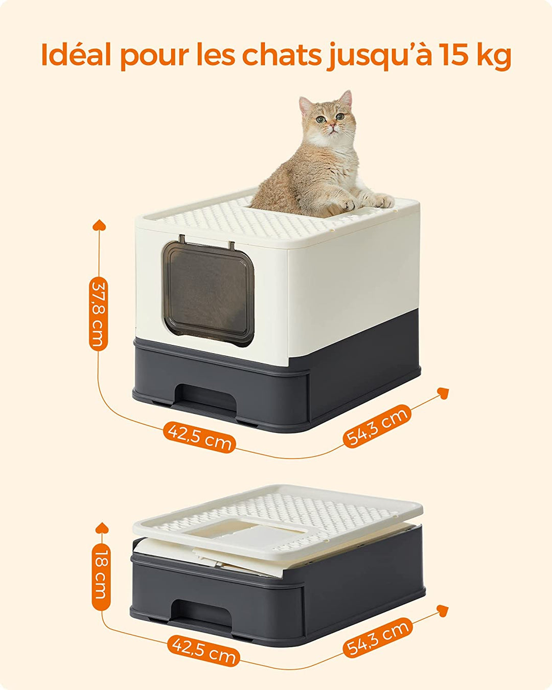 Kattebakke, toilethus, aftagelig bakke, skovl, børste, til store katte, beige og sort