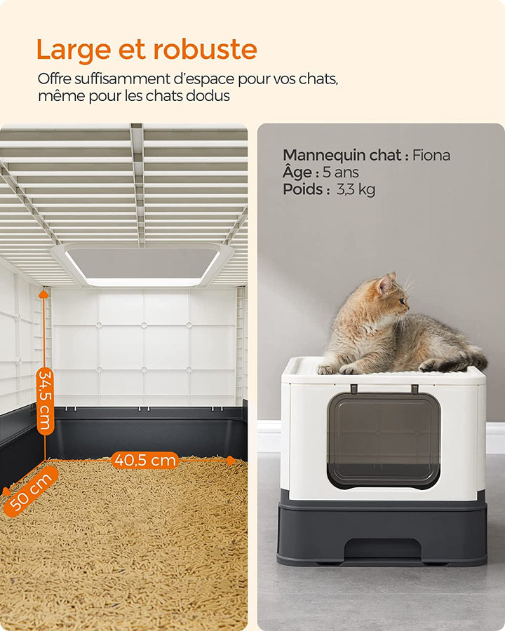 Kattebakke, toilethus, aftagelig bakke, skovl, børste, til store katte, beige og sort