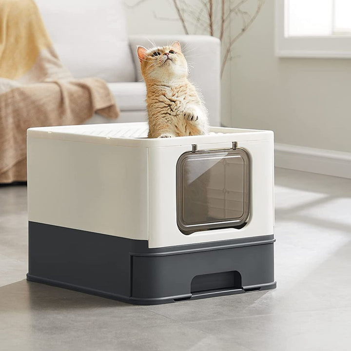 Kattebakke, toilethus, aftagelig bakke, skovl, børste, til store katte, beige og sort