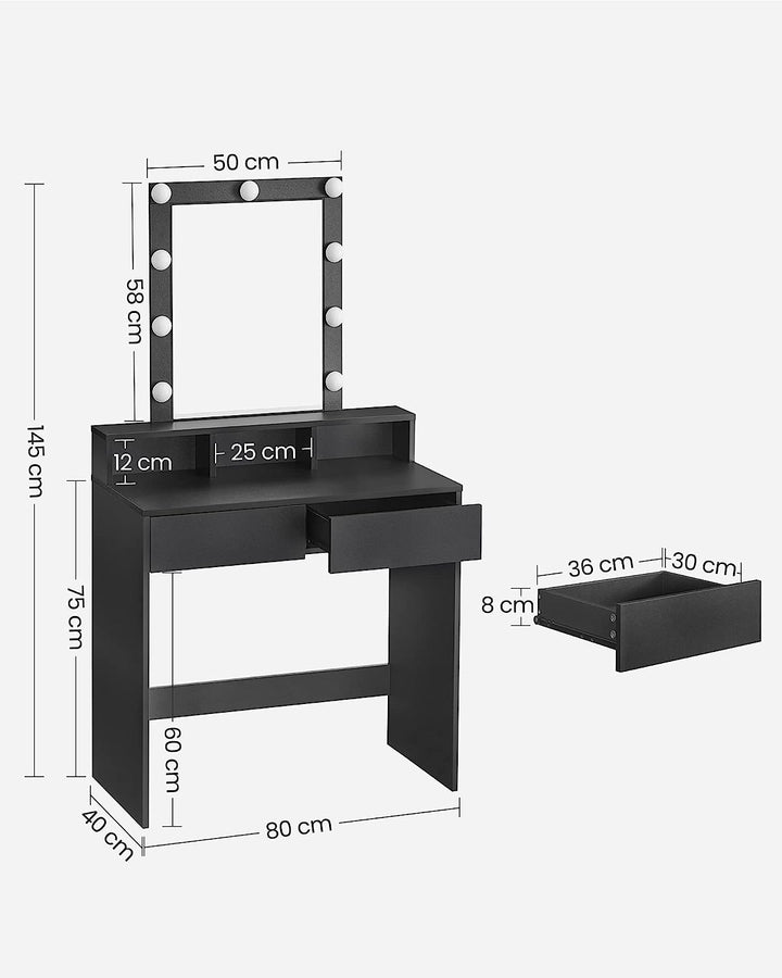 Sminkebord med LED lys, spejl, 2 skuffer og 3 rum, 40x80x145 cm, sort