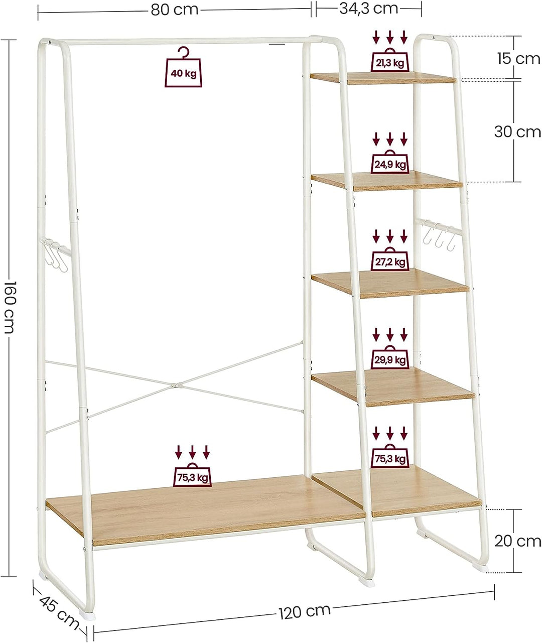 Garderobe med 5 hylder og 6 tøjkroge, 45x120x160 cm, hvid