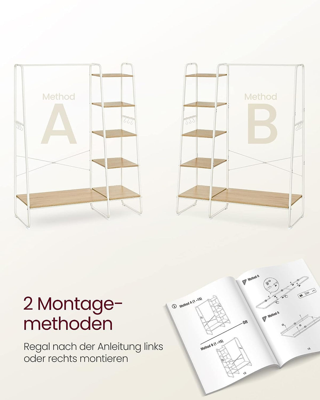 Garderobe med 5 hylder og 6 tøjkroge, 45x120x160 cm, hvid