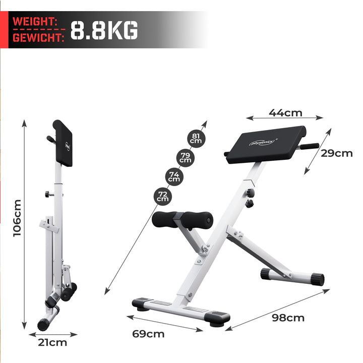 Hyperextension rygtræner, foldbar, højdejusterbar, 45°, med polstret benfiksering, maks. belastning 120 kg