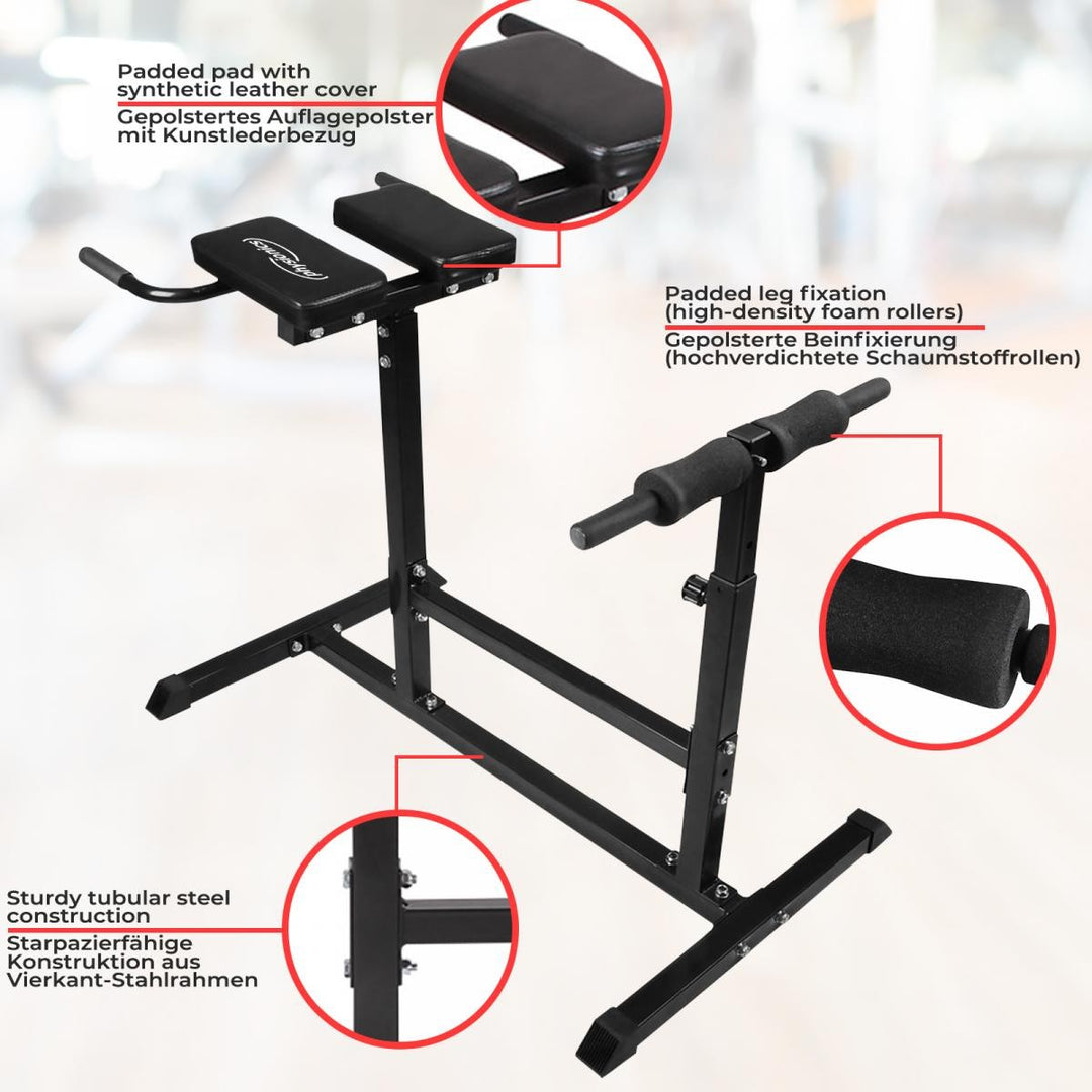 Hyperextension rygtræner, højdejusterbar i 5 trin, med polstret benfiksering, maks. belastning 200 kg