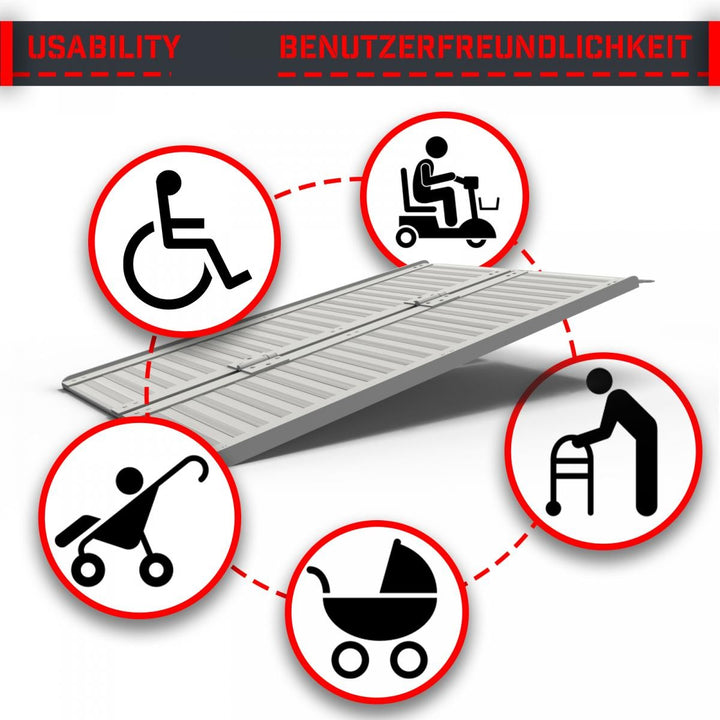 Kørestolsrampe - aluminium, foldbar, 90 cm, 270 kg