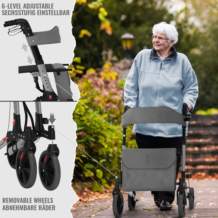 Rollator med højdejusterbart sæde med ryglæn, letvægt, bremser, indkøbstaske, stokholder, grå