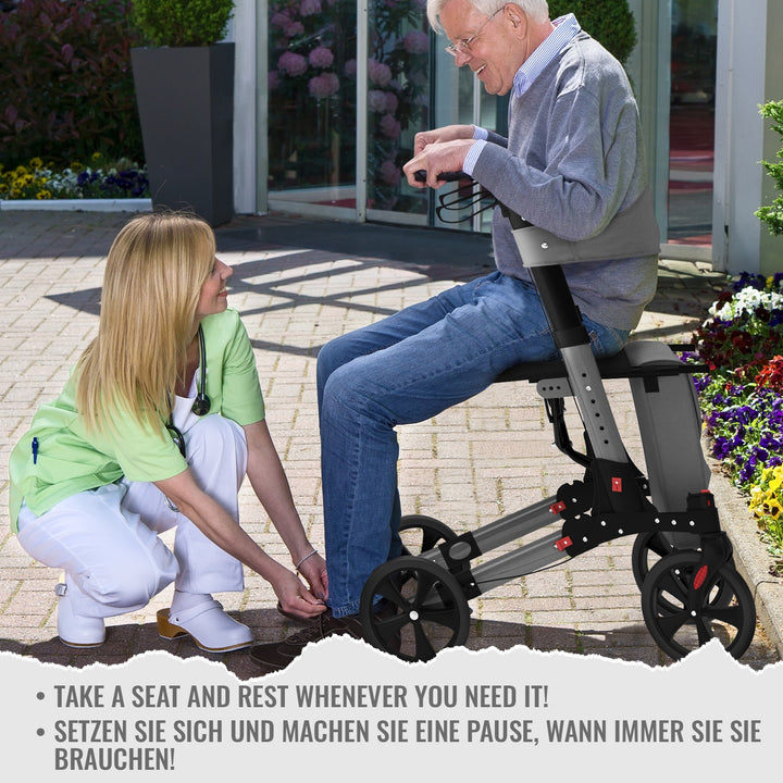 Rollator med højdejusterbart sæde med ryglæn, letvægt, bremser, indkøbstaske, stokholder, grå
