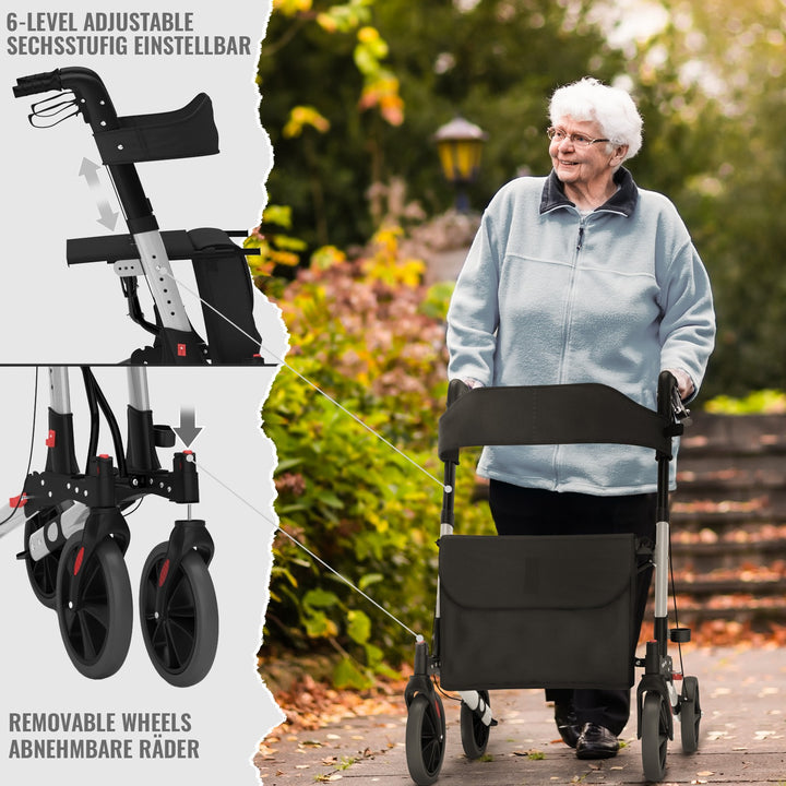 Rollator - sæde med ryglæn, foldbar, bremser, indkøbstaske, stokholder, sort