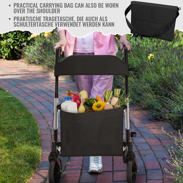 Rollator - sæde med ryglæn, foldbar, bremser, indkøbstaske, stokholder, sort