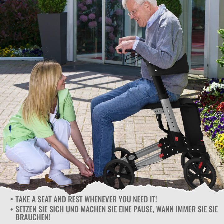Rollator - sæde med ryglæn, foldbar, bremser, indkøbstaske, stokholder, sort