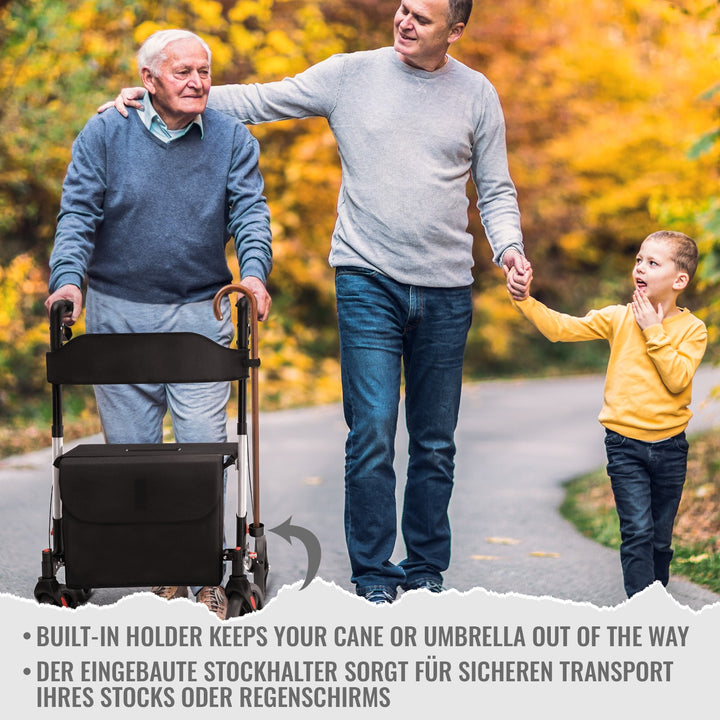 Rollator - sæde med ryglæn, foldbar, bremser, indkøbstaske, stokholder, sort