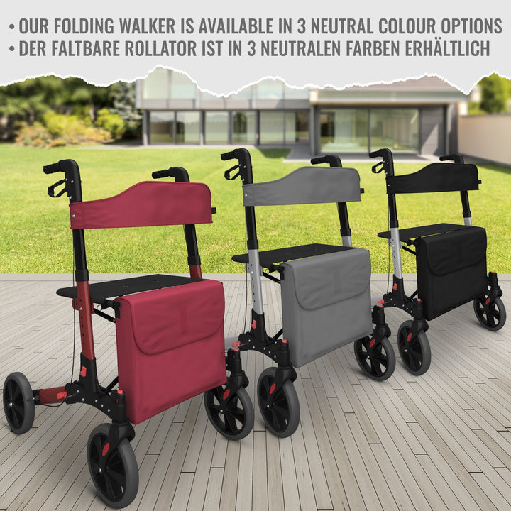 Rollator - sæde med ryglæn, foldbar, bremser, indkøbstaske, stokholder, sort