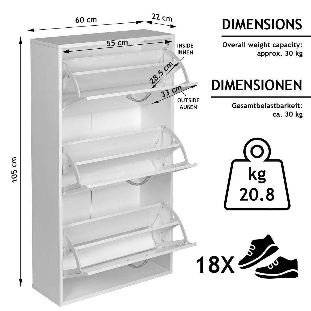 Skoskab - 3 rum, MDF, 60 x 105 x 22 cm, justerbar, hvid