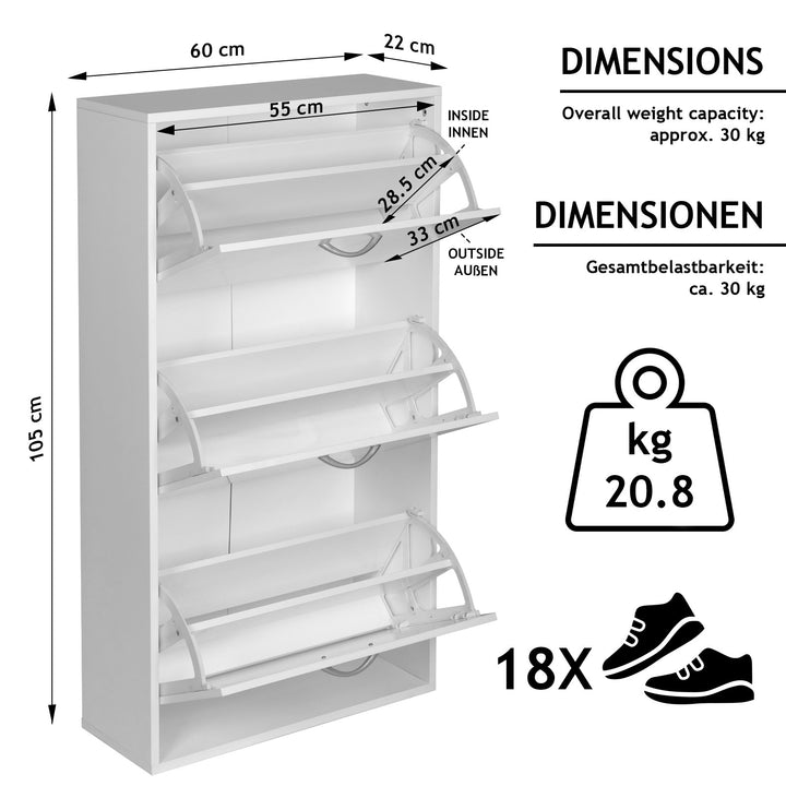 Skoskab - 3 rum, MDF, 60 x 105 x 22 cm, justerbar, hvid