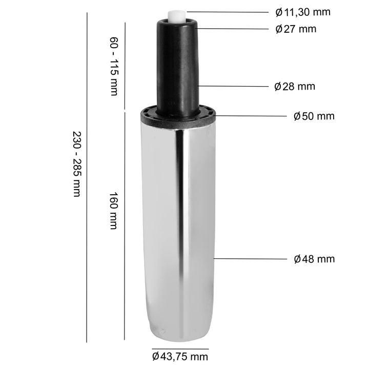 Gasfjeder til kontorstol, Chrome 160 mm / 50 mm - Lammeuld.dk