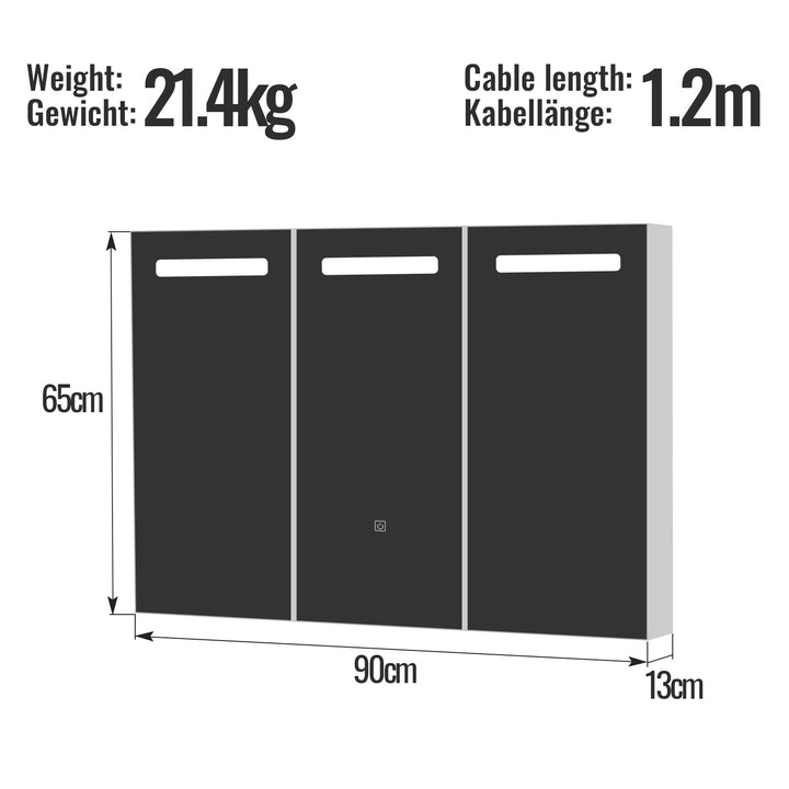 Aquamarin® spejlskab med LED-belysning - 3 døre, med berøringsafbryder, fatning, dæmpbar, varm hvid/neutral/kold hvid