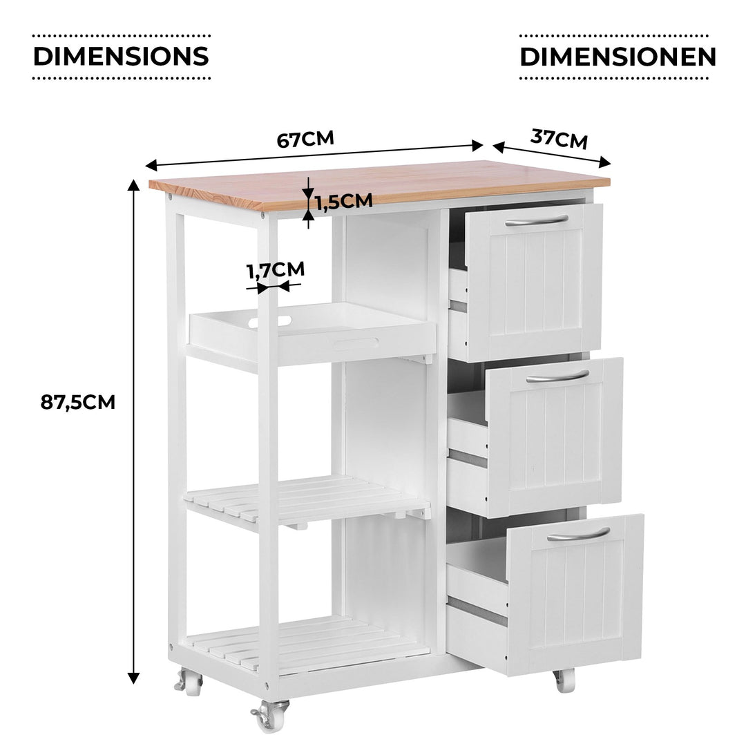 Køkkenvogn på hjul - 3 skuffer, 3 hylder, bordplade, 67x37x87 cm, hvid