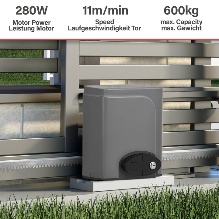 Portåbner / skydeport drevsæt - op til 600 kg portvægt, 280 W motor, inkl. 8 tandreoler, med 2 fjernbetjeninger, grå