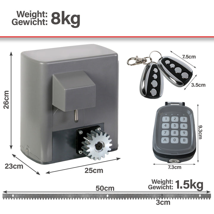 Portåbner / skydeport drevsæt - op til 600 kg portvægt, 280 W motor, inkl. 8 tandreoler, med 2 fjernbetjeninger, grå