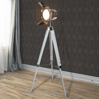 Gulvlampe med Træstativ - Justerbar højde, LED, forkromet stål, LED, E27, 148 cm