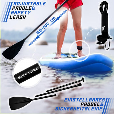 Stand Up Paddle Board, 366x80x15 cm, oppustelig, justerbar pagaj, håndpumpe med trykmåler, snor, rygsæk, reparationssæt, blå