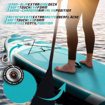 Stand Up Paddle Board, 305 x 76 x 12 cm, oppustelig, justerbar pagaj, håndpumpe med trykmåler, snor, rygsæk, reparationssæt, mintgrøn