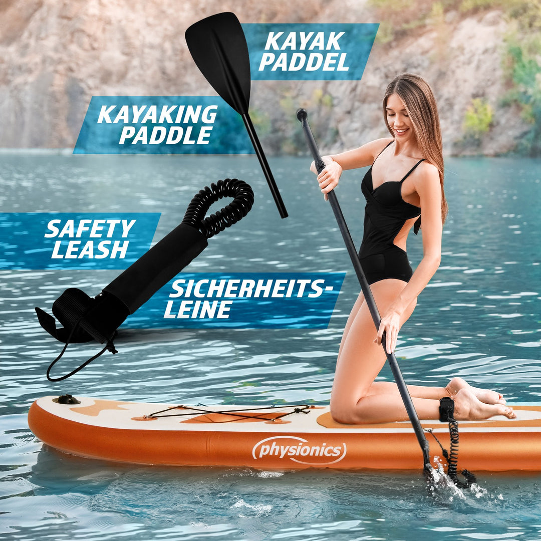SUP-bræt - 320x80x15 cm, oppustelig, med kajaksæde, padle, rygsæk, finne, reparationssæt, pumpe, kameraholder, lys, roseguld