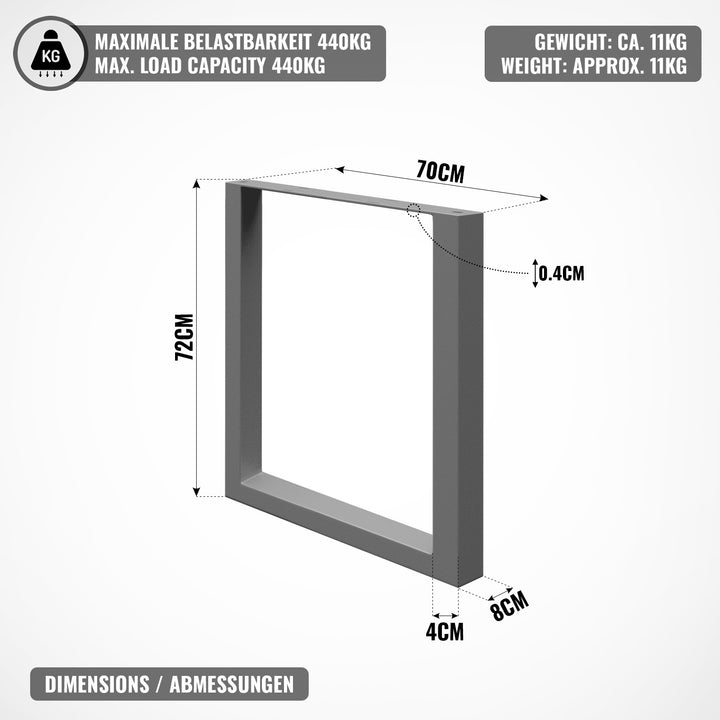 Bordstel, antracit, 70x72 cm - stål, stabilt, til spisebord/sofa/skrivebord