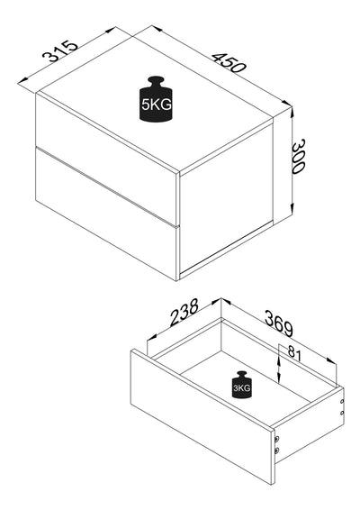 Vægbord / natbord / sengebord, h. 30 x b. 45 x d. 32 cm, antracit