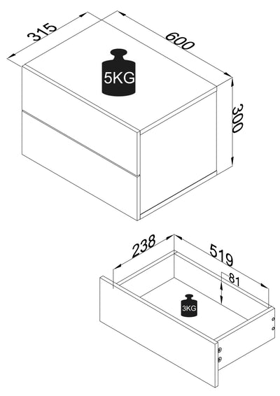 Vægbord / natbord / sengebord, h. 30 x b. 60 x d. 32 cm, antracit