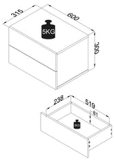 Vægbord / natbord / sengebord, h. 30 x b. 60 x d. 32 cm, betongrå