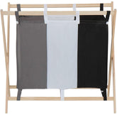 Vasketøjskurv med 3 rum (i sort, hvid og grå) set forfra